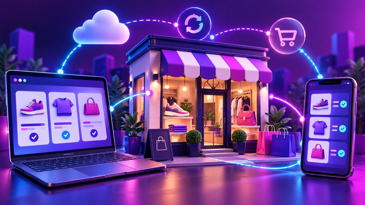 Tienda física conectada con computador y celular