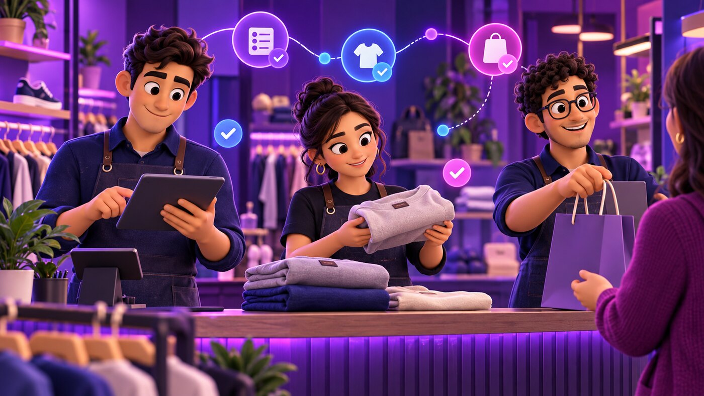 Equipo de una tienda atendiendo y trabajando de forma coordinada