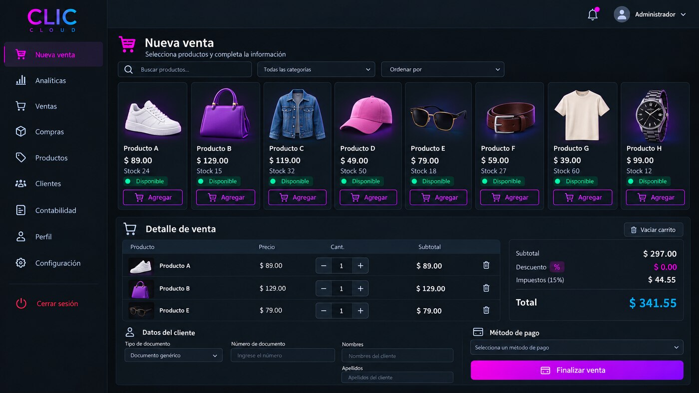 Punto de venta genérico con productos de moda arriba y checkout abajo